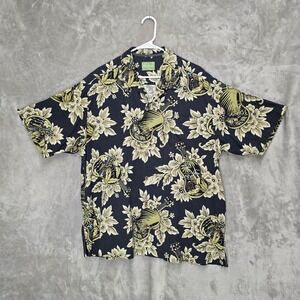 Tommy Bahama Mens XL Silk Hawaiian Shirt Short Sleeve Guitar Floral Black Aloha